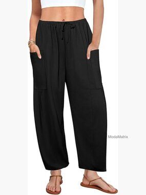 Flowy Wide Leg Pants with Pockets - Drawstring Palazzo Harem Trousers